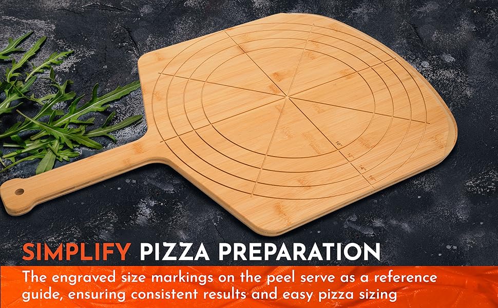 Loftern Wooden Pizza Peel 16 Inch Board with Engraved Sizes - Multi-Purpose Bamboo Pizza Cutting Board, Wood Pizza Peel, Pizza Spatula Paddle, and Serving Board with Size and Cutting Guide