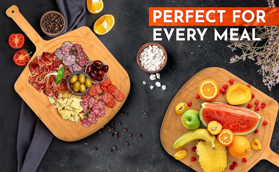 Loftern Wooden Pizza Peel 16 Inch Board with Engraved Sizes - Multi-Purpose Bamboo Pizza Cutting Board, Wood Pizza Peel, Pizza Spatula Paddle, and Serving Board with Size and Cutting Guide