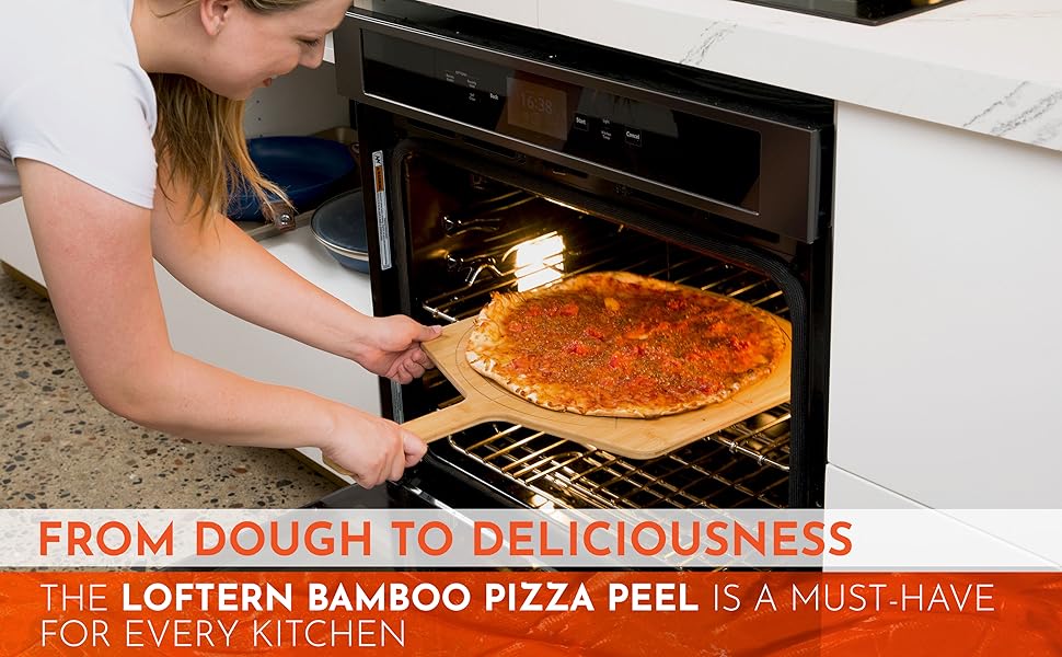 Loftern Wooden Pizza Peel 16 Inch Board with Engraved Sizes - Multi-Purpose Bamboo Pizza Cutting Board, Wood Pizza Peel, Pizza Spatula Paddle, and Serving Board with Size and Cutting Guide