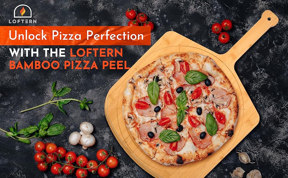 Loftern Wooden Pizza Peel 16 Inch Board with Engraved Sizes - Multi-Purpose Bamboo Pizza Cutting Board, Wood Pizza Peel, Pizza Spatula Paddle, and Serving Board with Size and Cutting Guide