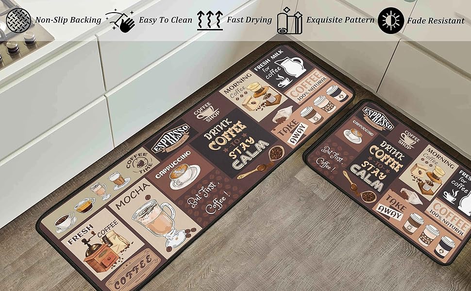 Coffee Kitchen Rugs and Mats Non-Slip, Washable, Stain and Fade Resistant, Suitable for Kitchen Mat Set of 2 Coffee Kitchen Decor 17