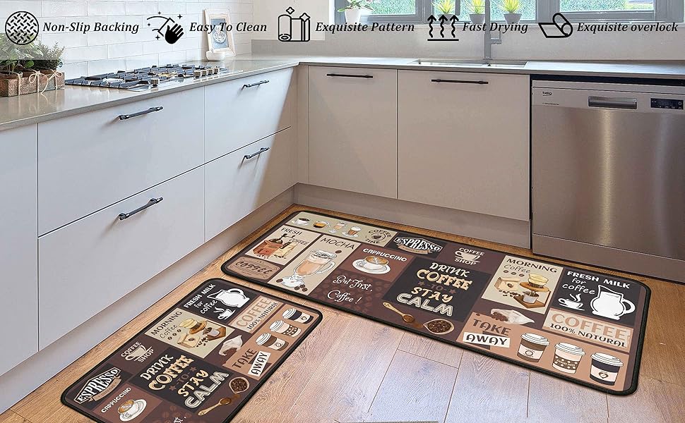 Coffee Kitchen Rugs and Mats Non-Slip, Washable, Stain and Fade Resistant, Suitable for Kitchen Mat Set of 2 Coffee Kitchen Decor 17