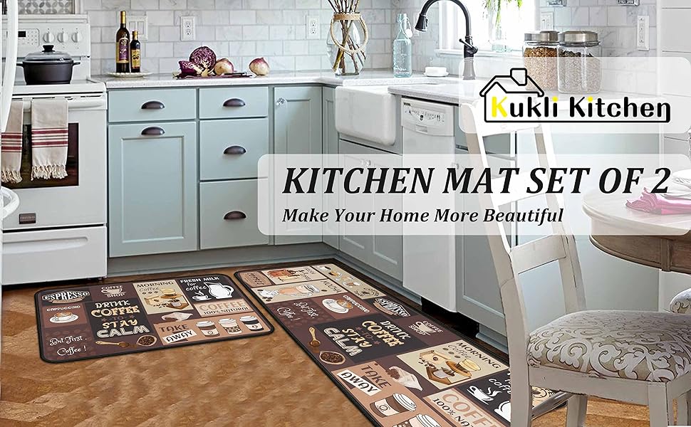 Coffee Kitchen Rugs and Mats Non-Slip, Washable, Stain and Fade Resistant, Suitable for Kitchen Mat Set of 2 Coffee Kitchen Decor 17