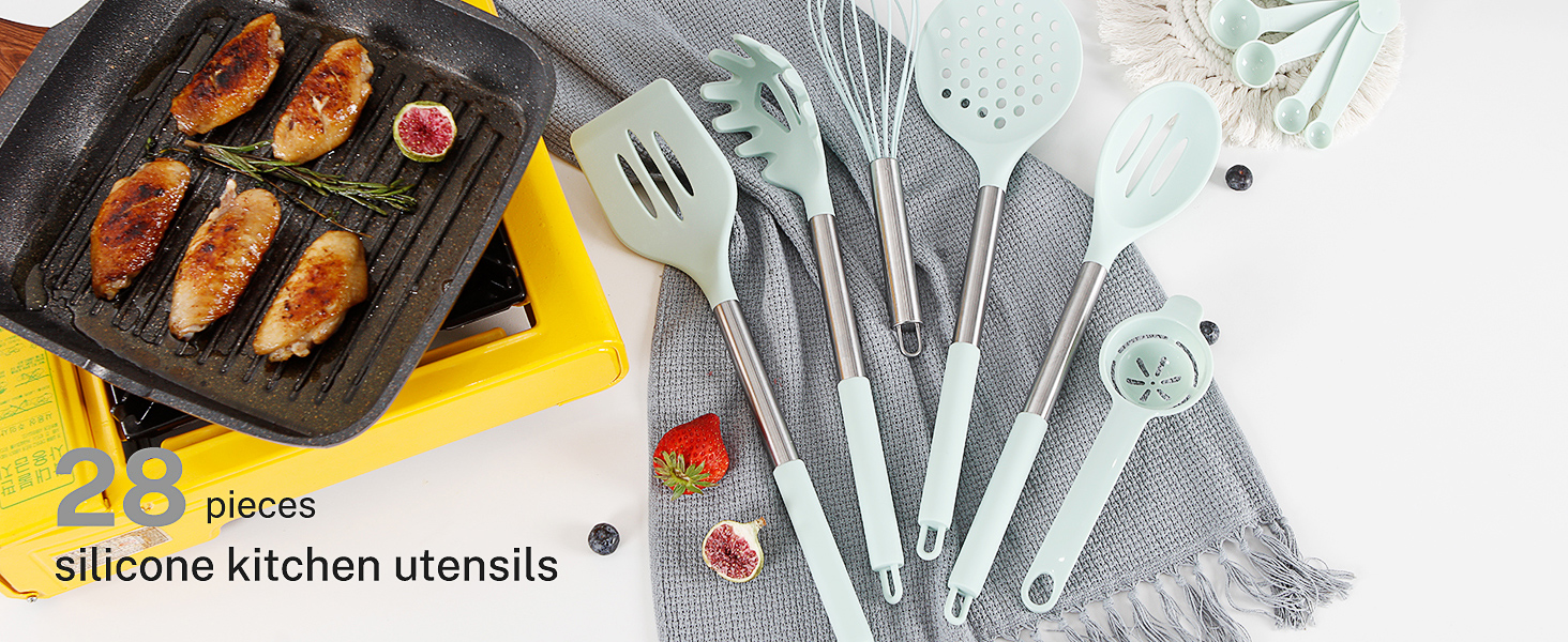 QMVESS Silicone Cooking Utensils Set, 28 Pcs Non-Stick Kitchen Utensils Set with Holder, 446°F Heat Resistant Spatula, Tongs, Spoons Set with Stainless Steel Handle Kitchen Gadgets (Light Green)