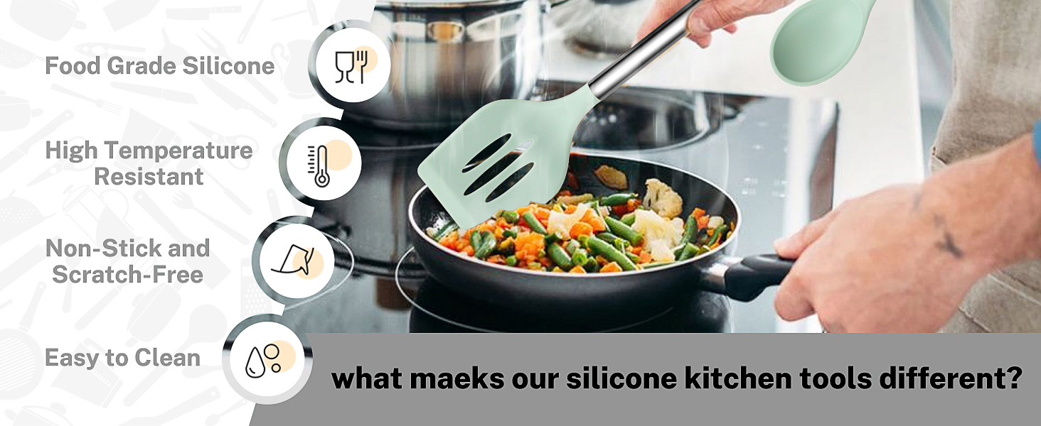 QMVESS Silicone Cooking Utensils Set, 28 Pcs Non-Stick Kitchen Utensils Set with Holder, 446°F Heat Resistant Spatula, Tongs, Spoons Set with Stainless Steel Handle Kitchen Gadgets (Light Green)