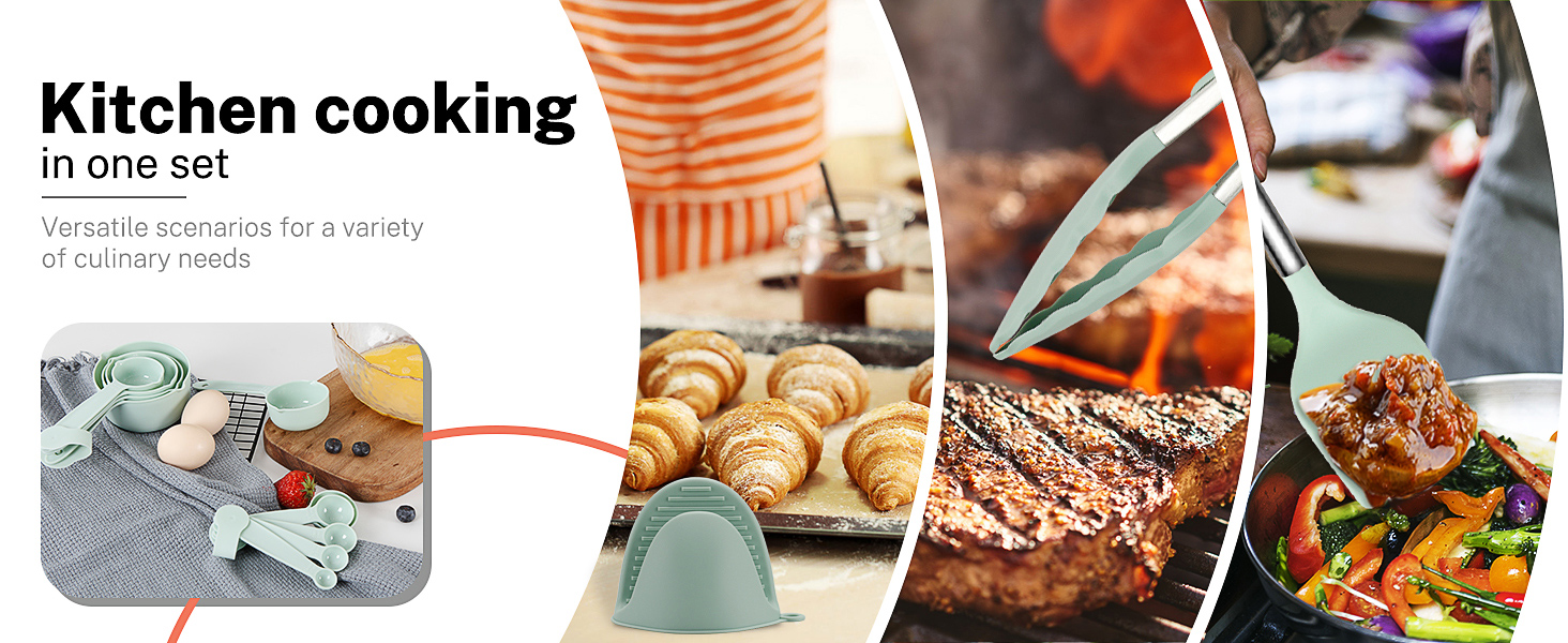 QMVESS Silicone Cooking Utensils Set, 28 Pcs Non-Stick Kitchen Utensils Set with Holder, 446°F Heat Resistant Spatula, Tongs, Spoons Set with Stainless Steel Handle Kitchen Gadgets (Light Green)