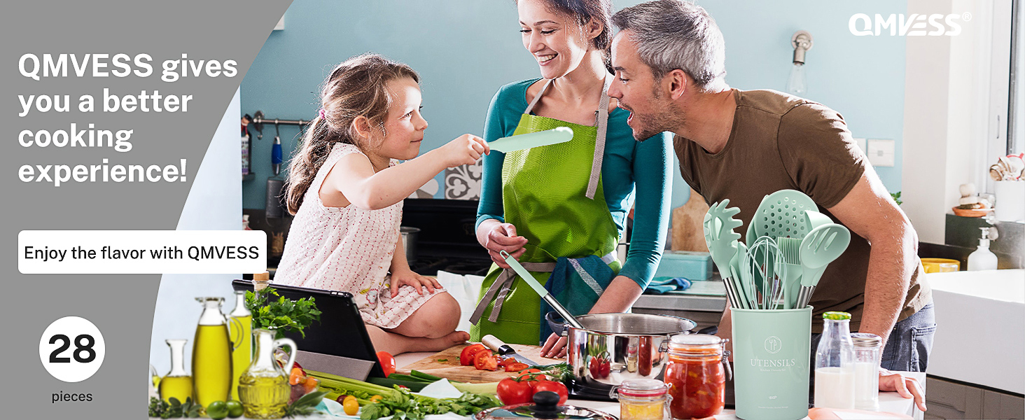 QMVESS Silicone Cooking Utensils Set, 28 Pcs Non-Stick Kitchen Utensils Set with Holder, 446°F Heat Resistant Spatula, Tongs, Spoons Set with Stainless Steel Handle Kitchen Gadgets (Light Green)