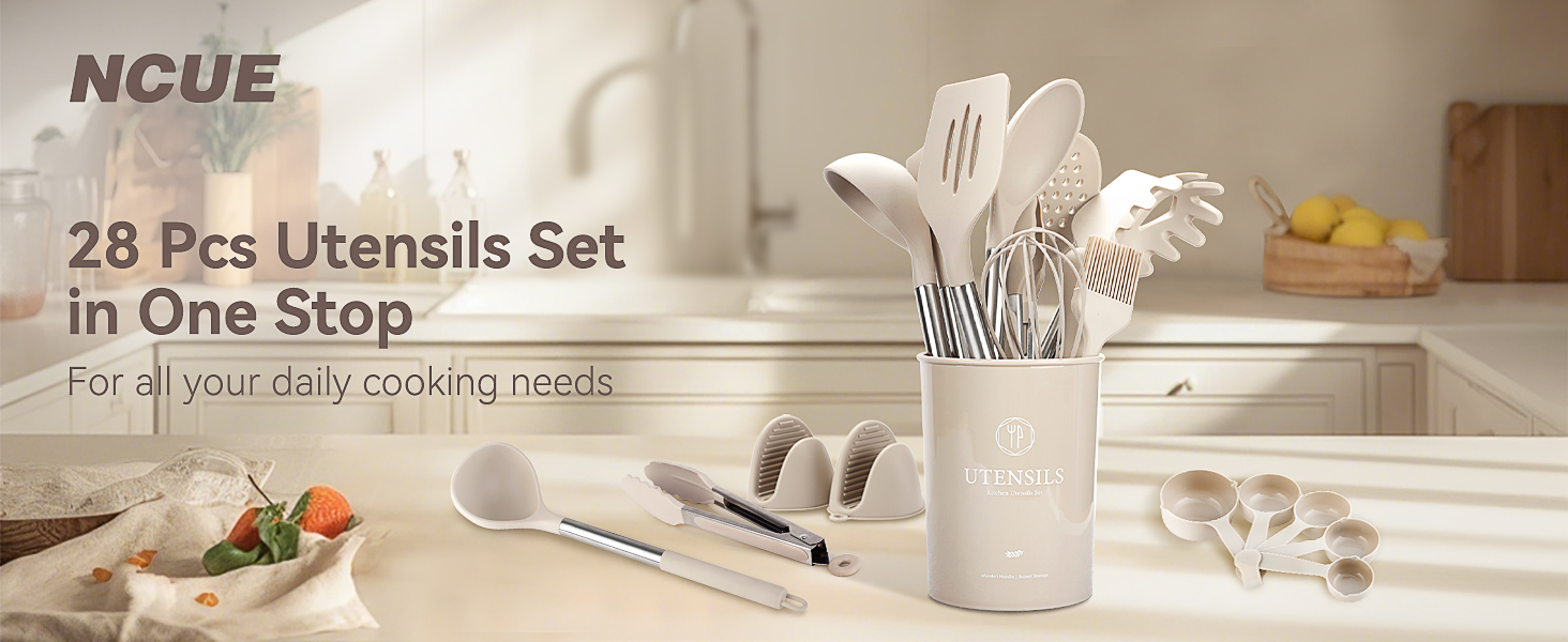 Silicone Cooking Utensils Set, 28 Pcs Kitchen Utensils Set 446°F Heat Resistant Spatula Set, Food Grade Silicone and Stainless Steel Handle Kitchen Gadgets for Nonstick Cookware BPA Free