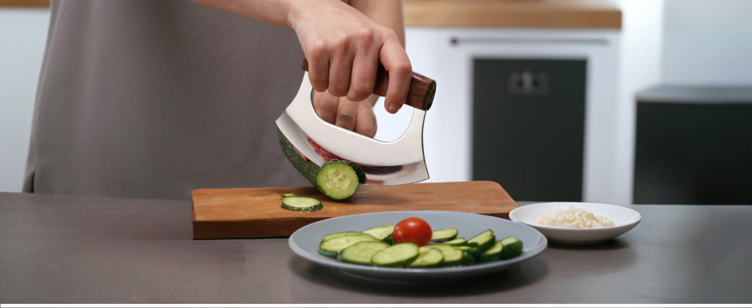 Ulu Knife - Sharp Rocker Mezzaluna Knife with Stand for Cutter Pizza, Meat, Vegetables, Herb, Salad, Stainless Steel Blade, Walnut Wood Handle, Kitchen Essentials Accessories and Gadgets Tools