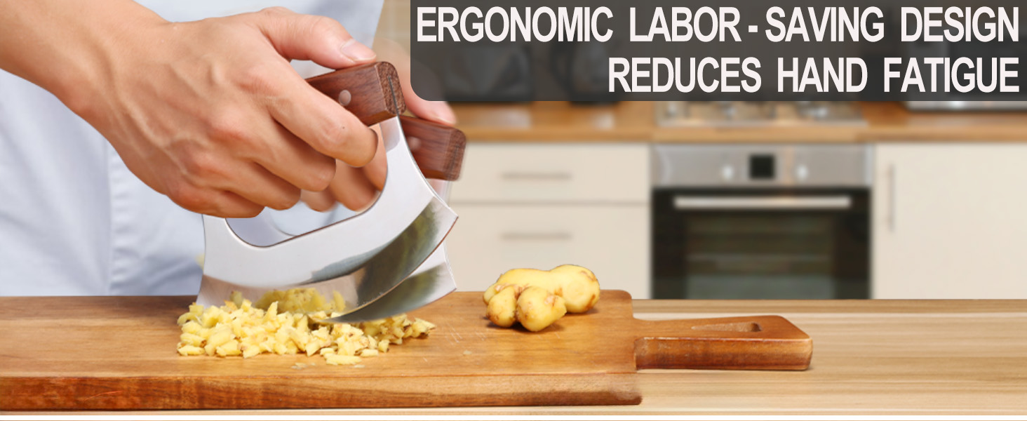 Ulu Knife - Sharp Rocker Mezzaluna Knife with Stand for Cutter Pizza, Meat, Vegetables, Herb, Salad, Stainless Steel Blade, Walnut Wood Handle, Kitchen Essentials Accessories and Gadgets Tools