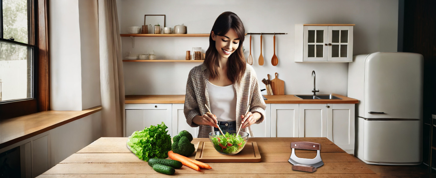 Ulu Knife - Sharp Rocker Mezzaluna Knife with Stand for Cutter Pizza, Meat, Vegetables, Herb, Salad, Stainless Steel Blade, Walnut Wood Handle, Kitchen Essentials Accessories and Gadgets Tools