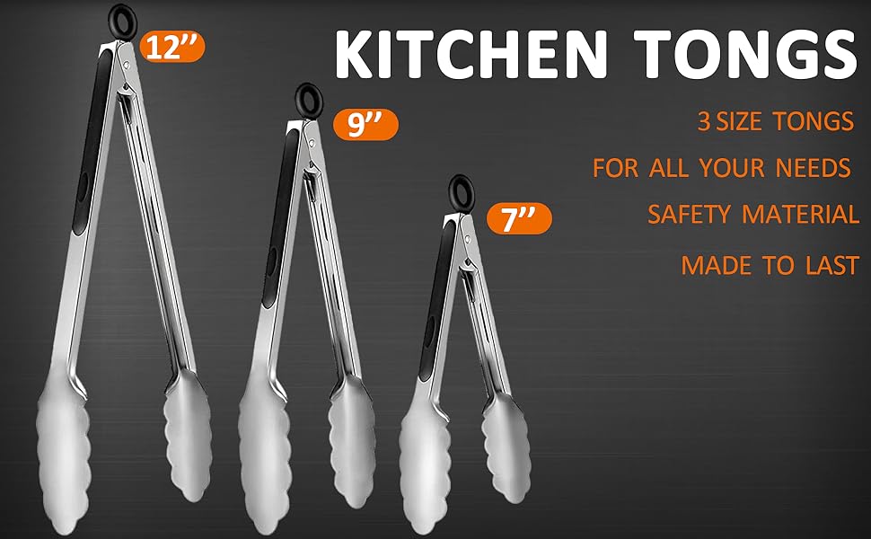 9 Pieces Stainless Steel Kitchen Tongs Grilling Locking Cooking Tongs Non-Slip Metal Food Tongs for Cooking, Salad and BBQ, 7, 9 and 12 Inch