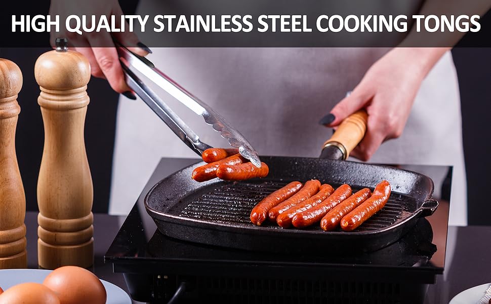 9 Pieces Stainless Steel Kitchen Tongs Grilling Locking Cooking Tongs Non-Slip Metal Food Tongs for Cooking, Salad and BBQ, 7, 9 and 12 Inch