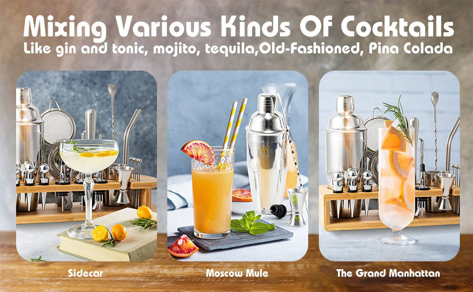 Cocktail Shaker Set, 26-Piece Premium Mixology Bartender Kit - 18/8 Stainless Steel Bar Set with Bamboo Stand - Includes Mixing Tin, Hawthorne & Mesh Strainer - Professional Gift for Men