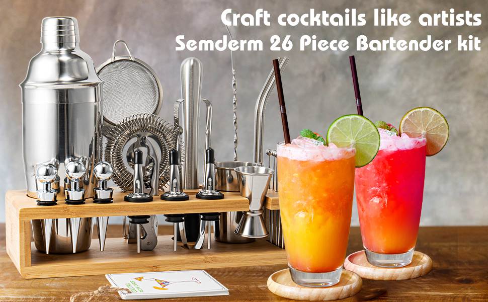 Cocktail Shaker Set, 26-Piece Premium Mixology Bartender Kit - 18/8 Stainless Steel Bar Set with Bamboo Stand - Includes Mixing Tin, Hawthorne & Mesh Strainer - Professional Gift for Men