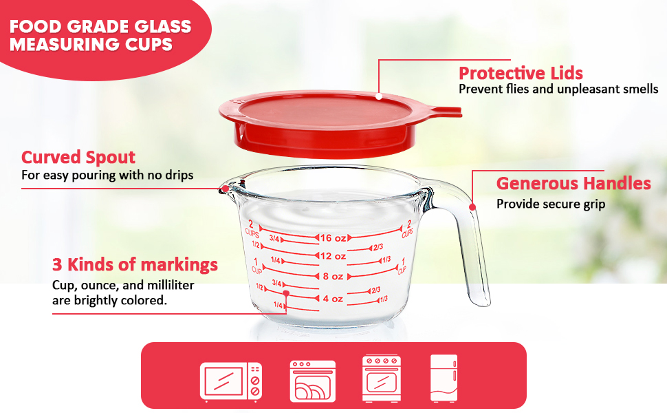 M MCIRCO 6 Pcs Glass Measuring Cups with Lids Set, 1-Cup, 2-Cup, 4-Cup Measuring Jugs with Handle, Nesting Liquid Measuring Cups for Kitchen