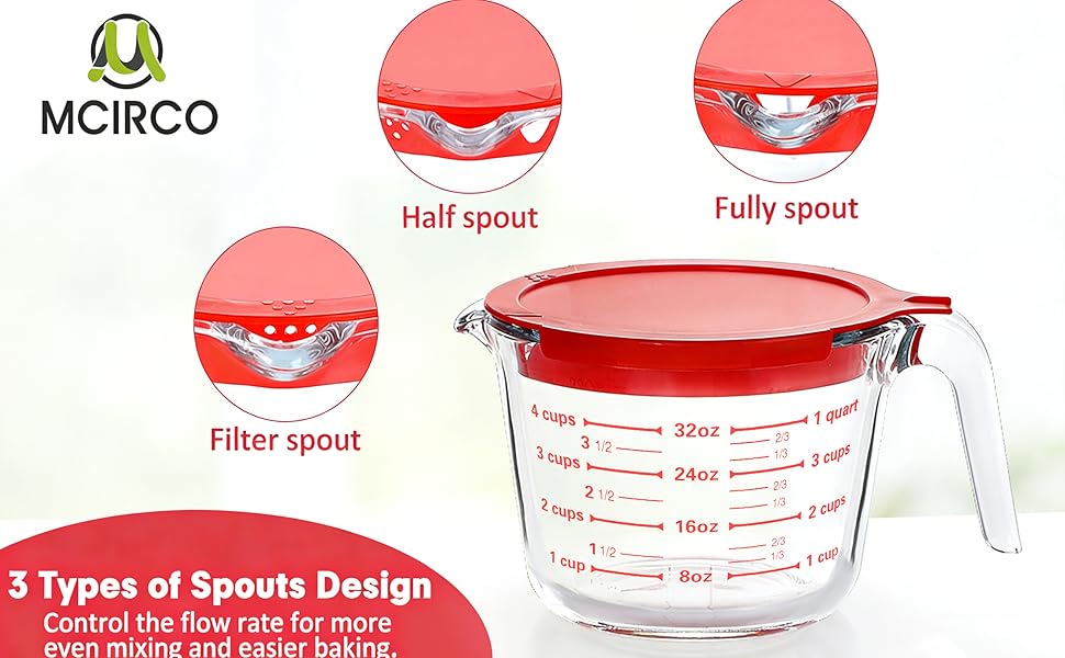 M MCIRCO 6 Pcs Glass Measuring Cups with Lids Set, 1-Cup, 2-Cup, 4-Cup Measuring Jugs with Handle, Nesting Liquid Measuring Cups for Kitchen