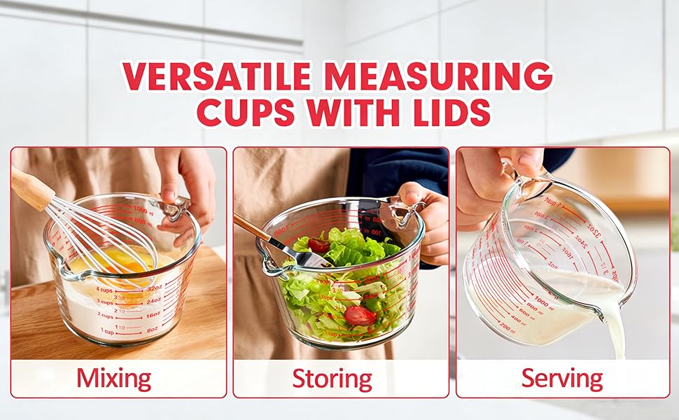 M MCIRCO 6 Pcs Glass Measuring Cups with Lids Set, 1-Cup, 2-Cup, 4-Cup Measuring Jugs with Handle, Nesting Liquid Measuring Cups for Kitchen