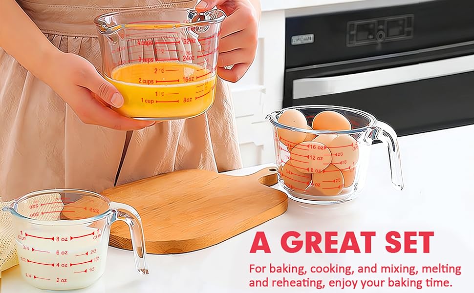 M MCIRCO 6 Pcs Glass Measuring Cups with Lids Set, 1-Cup, 2-Cup, 4-Cup Measuring Jugs with Handle, Nesting Liquid Measuring Cups for Kitchen