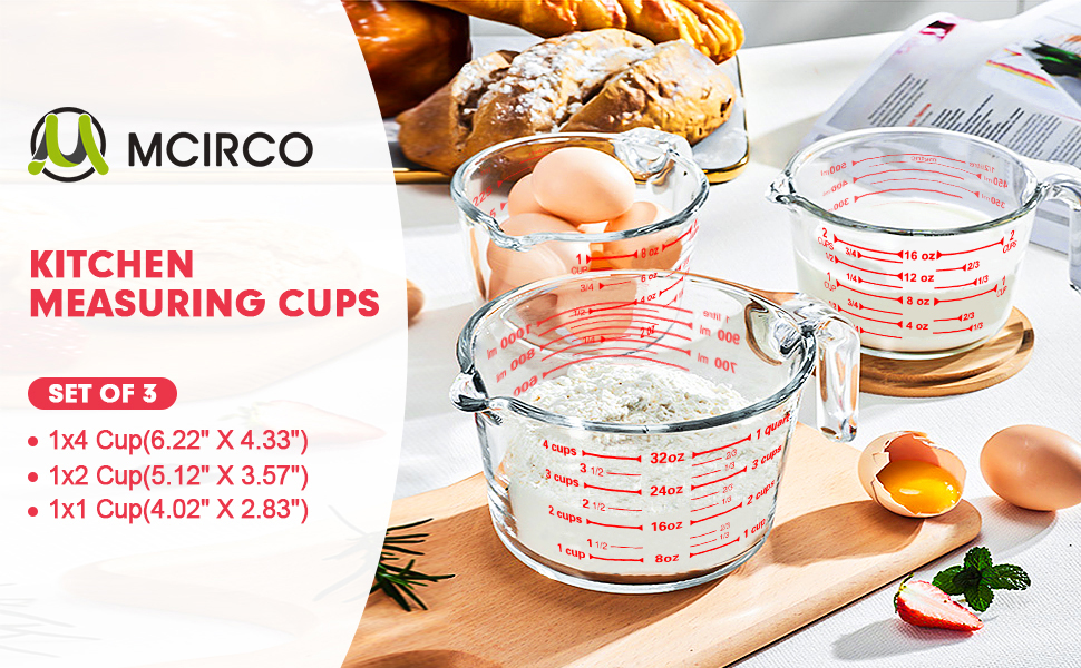 M MCIRCO 6 Pcs Glass Measuring Cups with Lids Set, 1-Cup, 2-Cup, 4-Cup Measuring Jugs with Handle, Nesting Liquid Measuring Cups for Kitchen