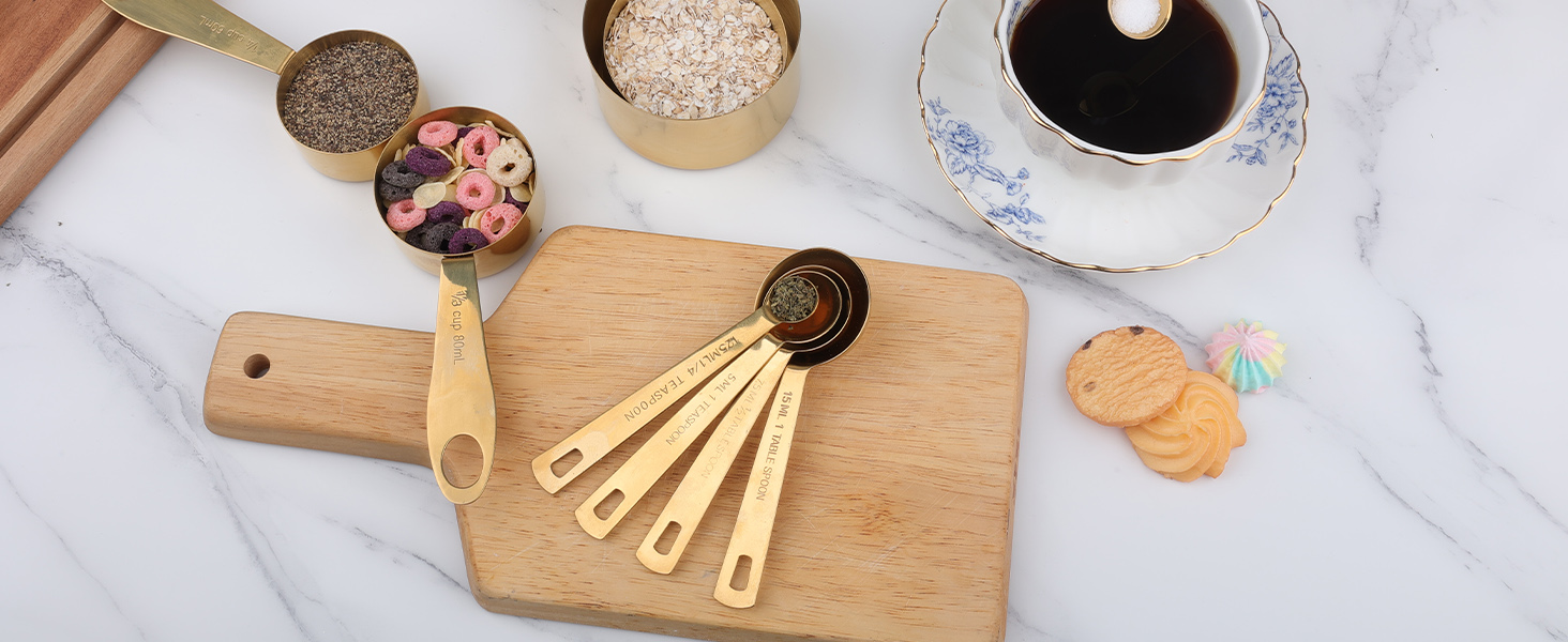 GuDoQi Measuring Cups and Spoons Set of 9, Stainless Steel Handle with Metric and US Measurements, Golden Polished Finish, Dry & Liquid Ingredient Measuring Cup for Cooking and Baking