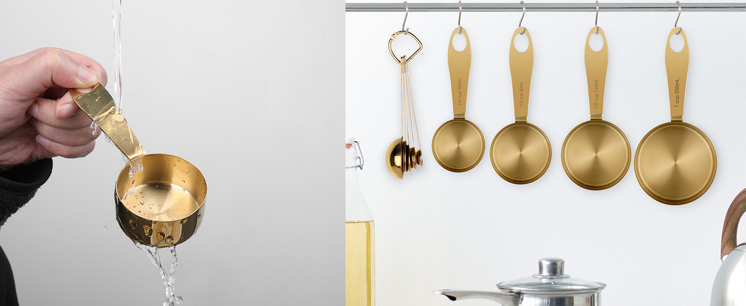 GuDoQi Measuring Cups and Spoons Set of 9, Stainless Steel Handle with Metric and US Measurements, Golden Polished Finish, Dry & Liquid Ingredient Measuring Cup for Cooking and Baking