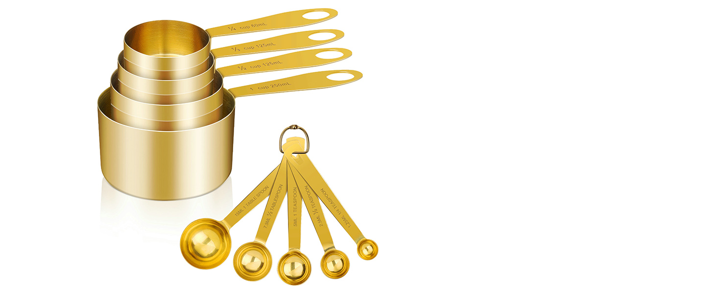 GuDoQi Measuring Cups and Spoons Set of 9, Stainless Steel Handle with Metric and US Measurements, Golden Polished Finish, Dry & Liquid Ingredient Measuring Cup for Cooking and Baking