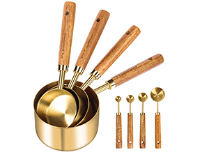 GuDoQi Measuring Cups and Spoons Set of 9, Stainless Steel Handle with Metric and US Measurements, Golden Polished Finish, Dry & Liquid Ingredient Measuring Cup for Cooking and Baking