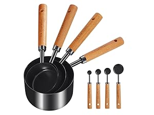 GuDoQi Measuring Cups and Spoons Set of 9, Stainless Steel Handle with Metric and US Measurements, Golden Polished Finish, Dry & Liquid Ingredient Measuring Cup for Cooking and Baking