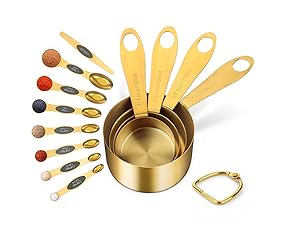 GuDoQi Measuring Cups and Spoons Set of 9, Stainless Steel Handle with Metric and US Measurements, Golden Polished Finish, Dry & Liquid Ingredient Measuring Cup for Cooking and Baking
