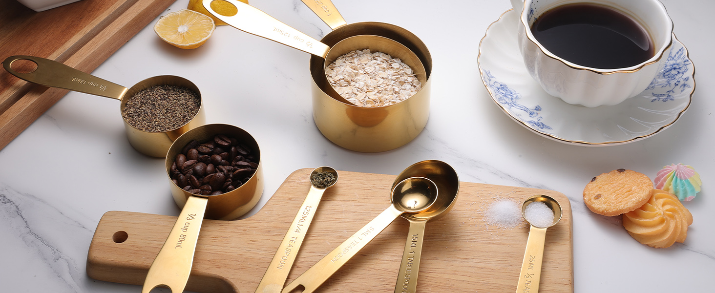 GuDoQi Measuring Cups and Spoons Set of 9, Stainless Steel Handle with Metric and US Measurements, Golden Polished Finish, Dry & Liquid Ingredient Measuring Cup for Cooking and Baking