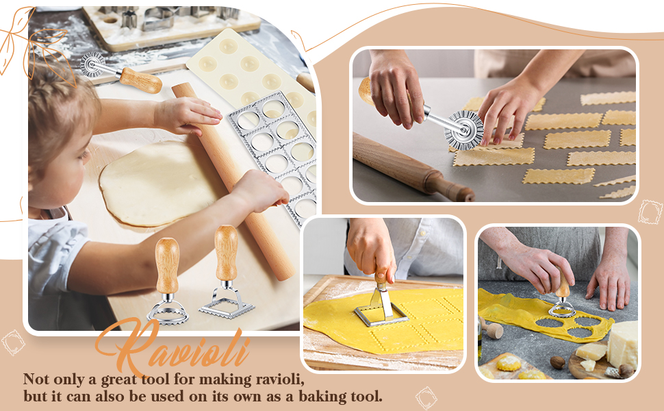 Geetery 5 Pcs Ravioli Mold Set 2 Inch Squares Ravioli Maker Cutter Include 1 Raviolis Maker Press 3 Pasta Cutter Stamp Makers 1 Wood Rolling Pin Pasta Making Tool for Home Kitchen Supplies (12 Holes)