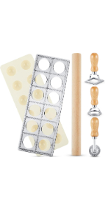 Geetery 5 Pcs Ravioli Mold Set 2 Inch Squares Ravioli Maker Cutter Include 1 Raviolis Maker Press 3 Pasta Cutter Stamp Makers 1 Wood Rolling Pin Pasta Making Tool for Home Kitchen Supplies (12 Holes)