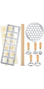Geetery 5 Pcs Ravioli Mold Set 2 Inch Squares Ravioli Maker Cutter Include 1 Raviolis Maker Press 3 Pasta Cutter Stamp Makers 1 Wood Rolling Pin Pasta Making Tool for Home Kitchen Supplies (12 Holes)