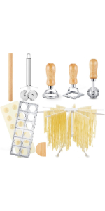 Geetery 5 Pcs Ravioli Mold Set 2 Inch Squares Ravioli Maker Cutter Include 1 Raviolis Maker Press 3 Pasta Cutter Stamp Makers 1 Wood Rolling Pin Pasta Making Tool for Home Kitchen Supplies (12 Holes)