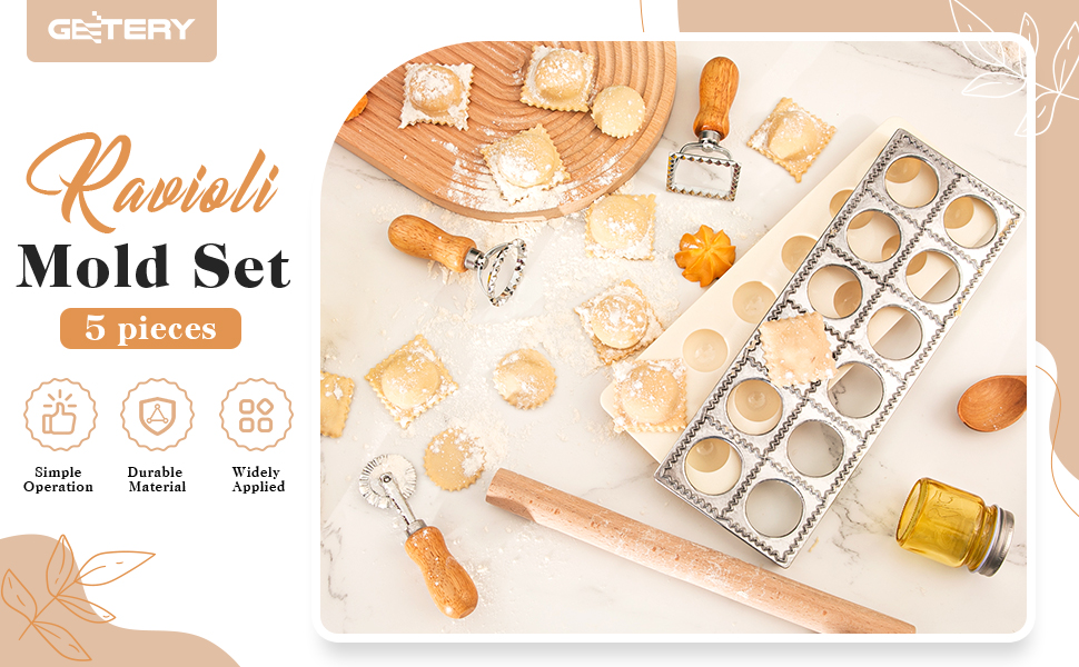 Geetery 5 Pcs Ravioli Mold Set 2 Inch Squares Ravioli Maker Cutter Include 1 Raviolis Maker Press 3 Pasta Cutter Stamp Makers 1 Wood Rolling Pin Pasta Making Tool for Home Kitchen Supplies (12 Holes)