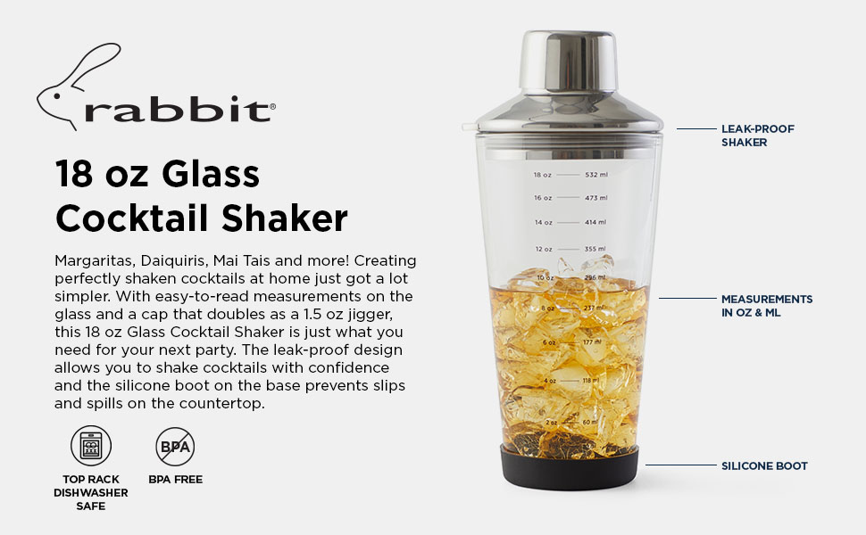 Rabbit 18 oz Glass Cocktail Shaker with Printed Measurements, Multi-Use Stainless Steel Topper with 1.5 oz Jigger Cap and Strainer, 3.94 x 3.54 x 9.06 IN