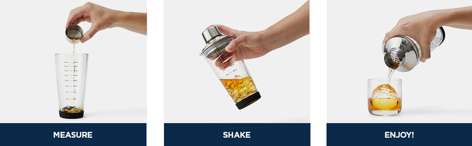 Rabbit 18 oz Glass Cocktail Shaker with Printed Measurements, Multi-Use Stainless Steel Topper with 1.5 oz Jigger Cap and Strainer, 3.94 x 3.54 x 9.06 IN