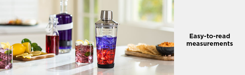 Rabbit 18 oz Glass Cocktail Shaker with Printed Measurements, Multi-Use Stainless Steel Topper with 1.5 oz Jigger Cap and Strainer, 3.94 x 3.54 x 9.06 IN