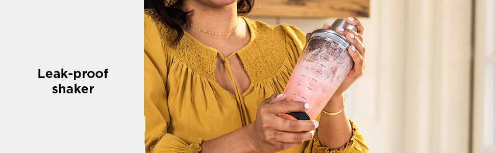 Rabbit 18 oz Glass Cocktail Shaker with Printed Measurements, Multi-Use Stainless Steel Topper with 1.5 oz Jigger Cap and Strainer, 3.94 x 3.54 x 9.06 IN