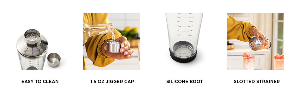 Rabbit 18 oz Glass Cocktail Shaker with Printed Measurements, Multi-Use Stainless Steel Topper with 1.5 oz Jigger Cap and Strainer, 3.94 x 3.54 x 9.06 IN
