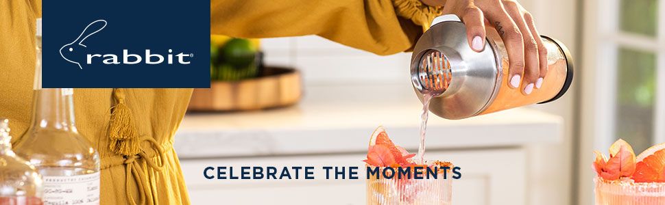 Rabbit 18 oz Glass Cocktail Shaker with Printed Measurements, Multi-Use Stainless Steel Topper with 1.5 oz Jigger Cap and Strainer, 3.94 x 3.54 x 9.06 IN