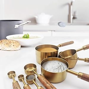 Gold Measuring Cups and Spoons Set with Fragrant Wood Handle, Measuring Cups, Metal Measuring Spoons and Measuring Cup Set for Cooking & Baking, Set of 8 pcs