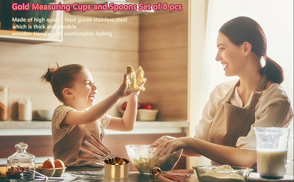 Gold Measuring Cups and Spoons Set with Fragrant Wood Handle, Measuring Cups, Metal Measuring Spoons and Measuring Cup Set for Cooking & Baking, Set of 8 pcs