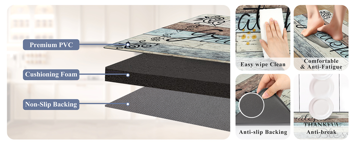 HEBE Anti Fatigue Kitchen Mat Set of 2 Non Slip Cushioned Kitchen Mats for Floor Waterproof Farmhouse Kitchen Rugs and Mats Set Comfort Standing Desk Mat Carpet for Sink,Office,Laundry