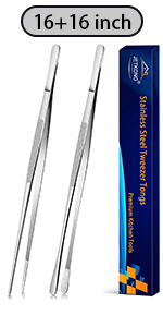 JETKONG 2 Pcs 12-Inch Kitchen Tweezers Tongs with Precision Serrated Tips, Stainless Steel Chef Tweezer Professional Cooking Tweezers for BBQ, Plating and Serving (12-Inch, Black)