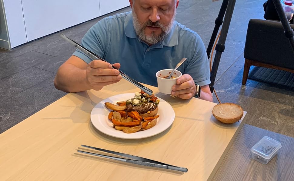 JETKONG 2 Pcs 12-Inch Kitchen Tweezers Tongs with Precision Serrated Tips, Stainless Steel Chef Tweezer Professional Cooking Tweezers for BBQ, Plating and Serving (12-Inch, Black)