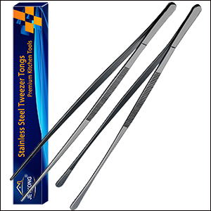 JETKONG 2 Pcs 12-Inch Kitchen Tweezers Tongs with Precision Serrated Tips, Stainless Steel Chef Tweezer Professional Cooking Tweezers for BBQ, Plating and Serving (12-Inch, Black)