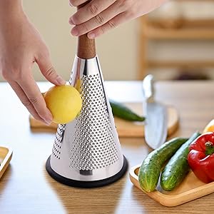 Cone Cheese Grater with Handle - Stainless Steel Triple Function Wood Handle Parmesan Shaver Non-Slip Rubber Bottom Hand Held Multifunction Vegetables Cheese Grater with container(XL:11.8