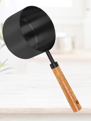 Collection 8 Piece Black Measuring Cups Set and Measuring Spoons, Golden With fragrant wood Handles-Complete Set of Measure Cups and Spoons For Cooking and Baking.